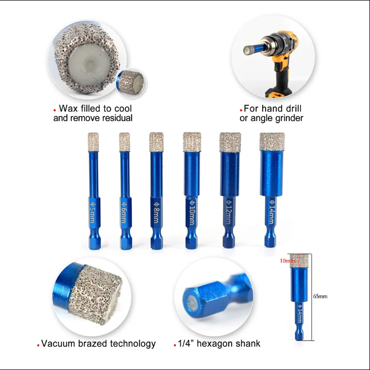 High Quality 6/6/8/10/12 mm Diamond Core Drill Bit Customizable OEM Little Dry Drill for Ceramic Tile and Marble